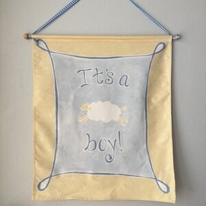 Vtg Y2k Pottery Barn Kids Baby Boy Sheep Canvas Wall Hanging Art Banner Decor